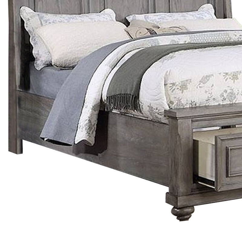 Demi California King Bed, Sleigh Headboard, Storage Drawers, Oak Gray Wood - Benzara