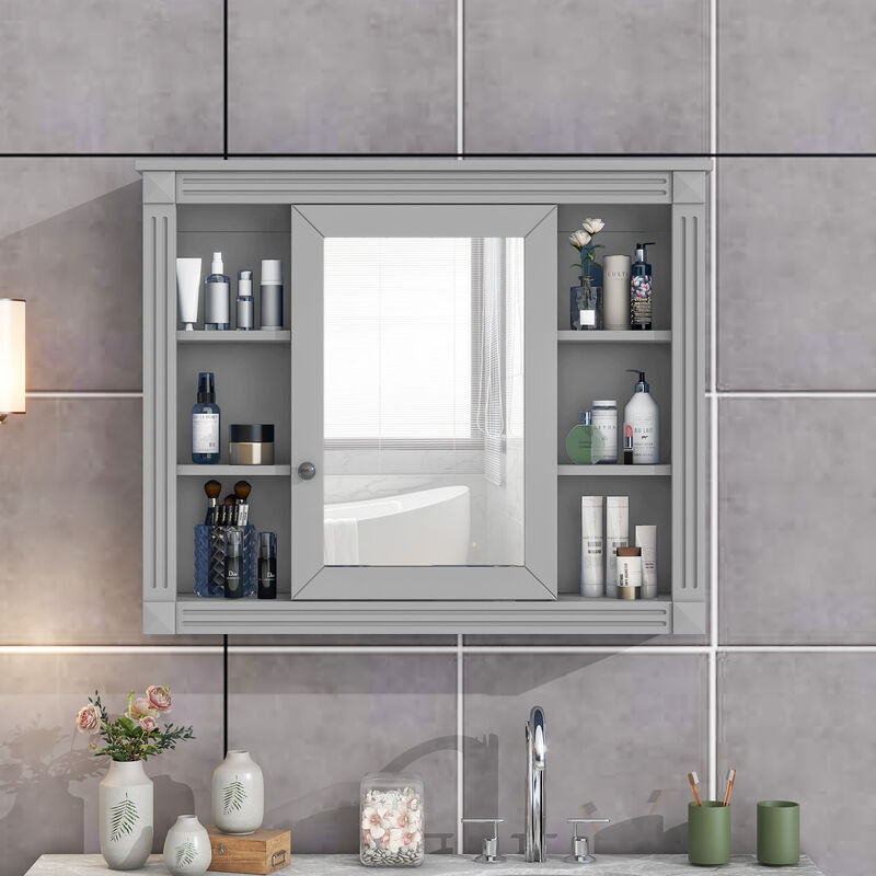 Wall-Mounted Medicine Cabinet with Mirror and Open Shelving Design