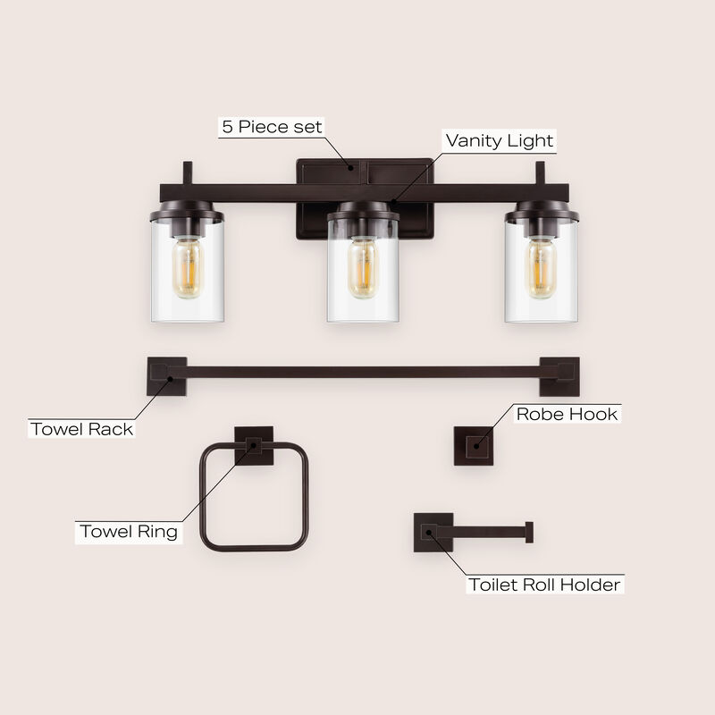 Liam 23.25" 3-Light Farmhouse Industrial Vanity Light with Bathroom Hardware Accessory 5-Piece Set