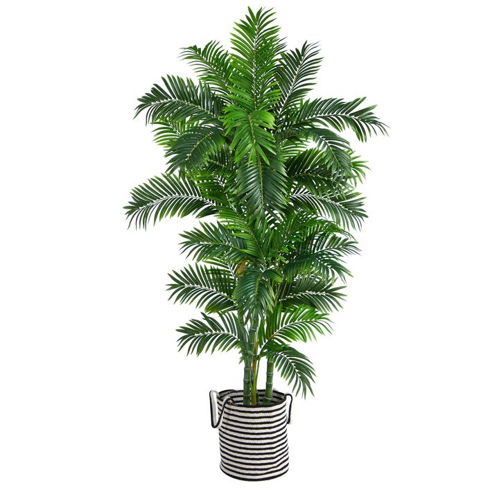 Nearly Natural 6-ft Curvy Parlor Palm Tree in Black & White Jute Planter