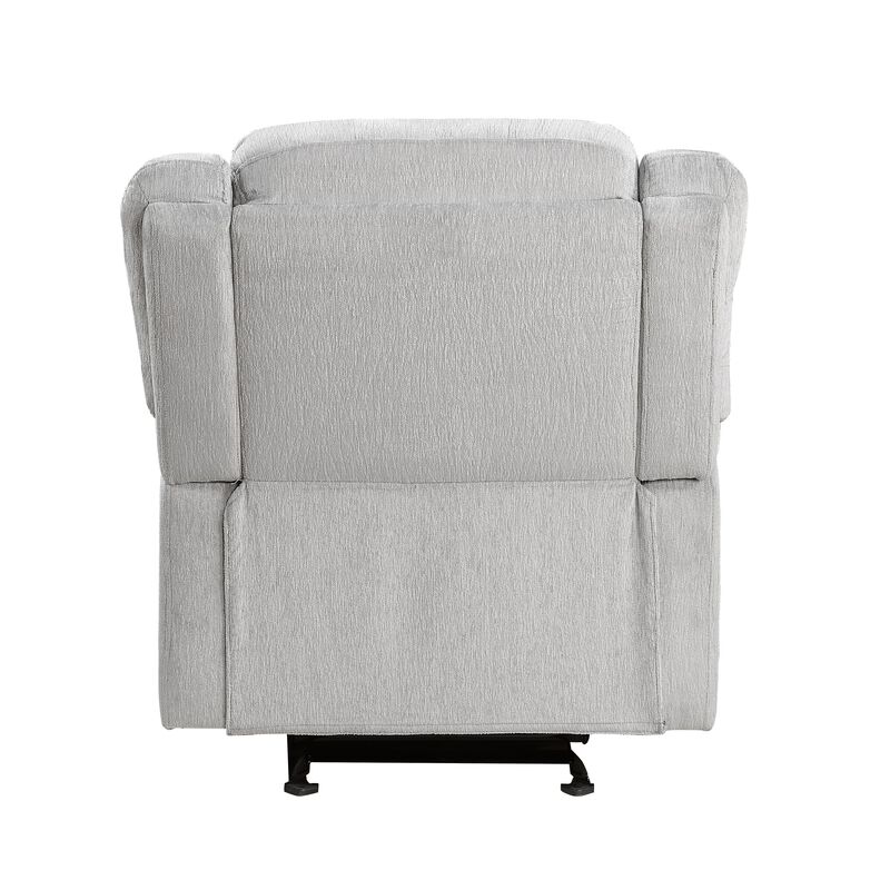 Chris 38 Inch Manual Glider Recliner Chair, Solid Wood, Light Gray Chenille - Benzara