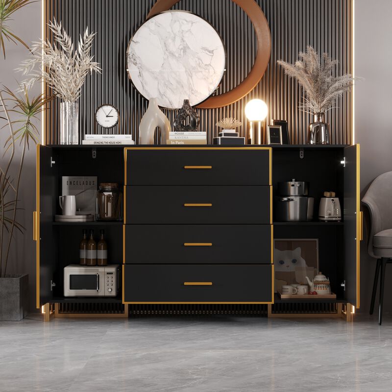 FUFU&GAGA Modern 4-Drawer Storage Cabinet with Gold Accents, Adjustable Shelves, Black Finish (63" W x 36.6" H x 15.7" D),Black