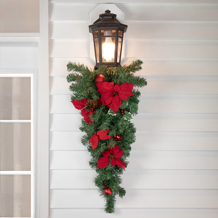 32" Red Poinsettia Pine Cone and Ball Artificial Christmas Teardrop Swag  Unlit
