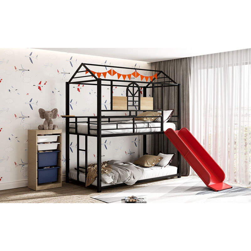 Twin Over Twin Metal Bunk Bed, Metal House Bed With Slide, Threes Available