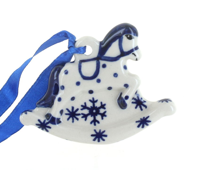 Blue Rose Polish Pottery Red Daisy Rocking Horse Ornament