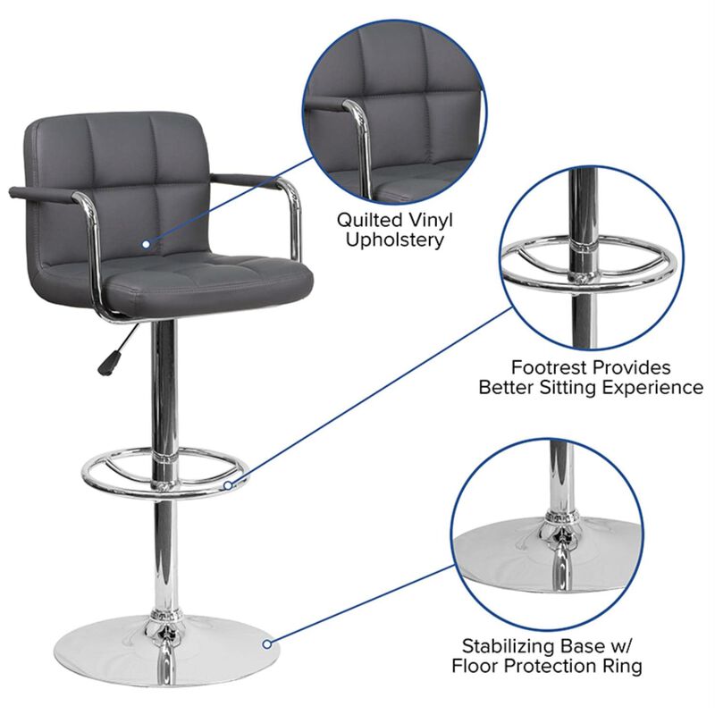 Flash Furniture Contemporary Gray Quilted Vinyl Adjustable Height Barstool with Arms and Chrome Base