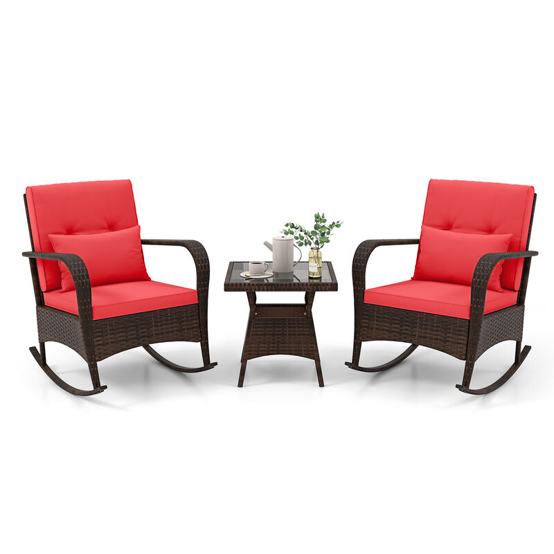 3 Piece Outdoor Rocking Set with Tempered Glass Coffee Table for Backyard Poolside