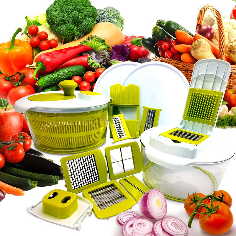 MegaChef 10-in-1 Multi-Use Salad Spinning Slicer, Dicer and Chopper with Interchangeable Blades and Storage Lids