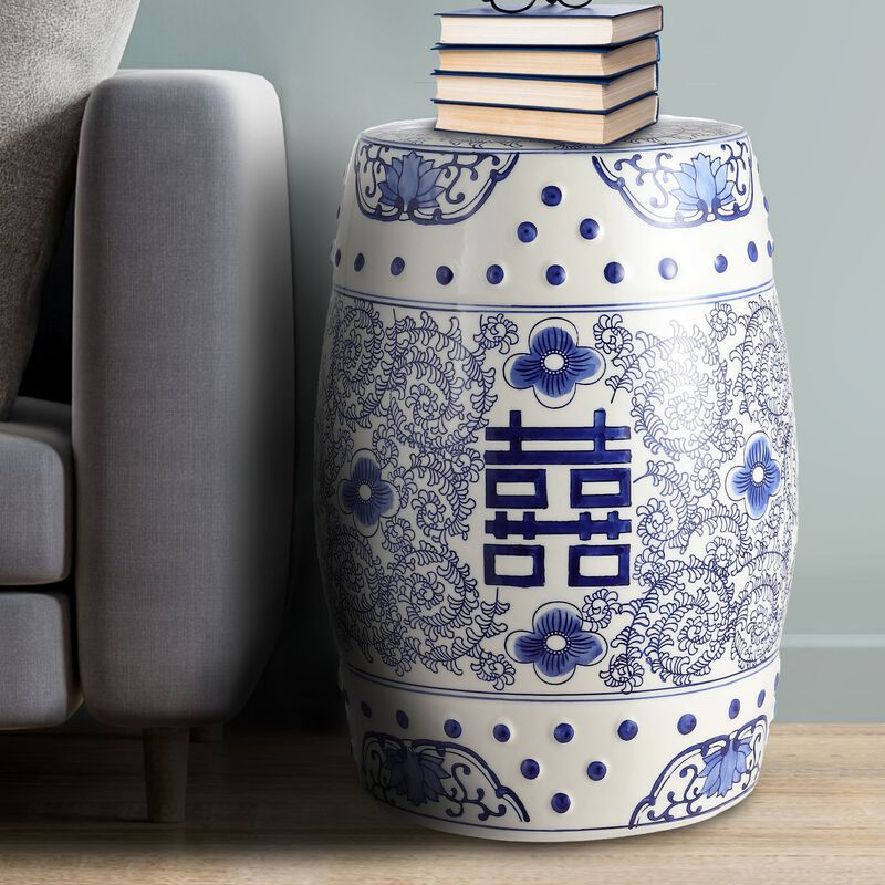 Double Happiness Chinoiserie Ceramic Drum Garden Stool
