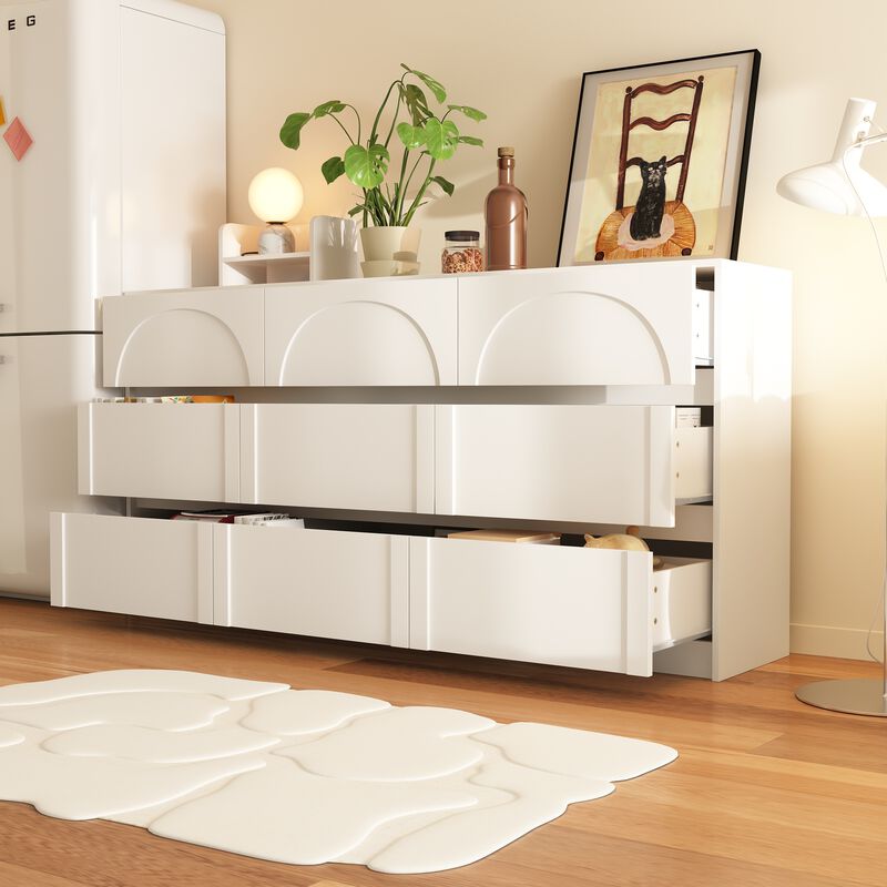 FUFU&GAGA Modern 9-Drawer Dresser with Arch Design and Storage Drawers, Wide Storage Cabinet for Bedroom, Living Room (63" W x 13.7" D x 31.5" H),White