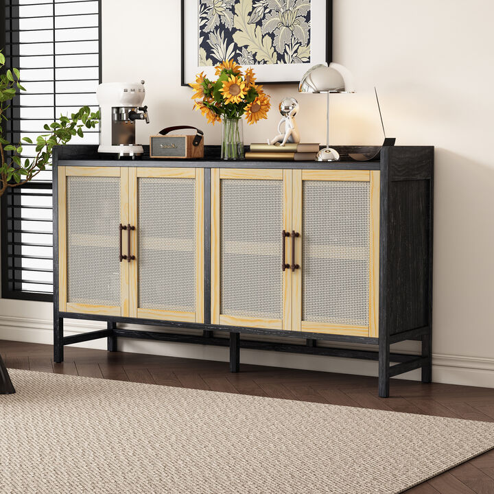 Clihome Sideboard Rustic Buffet Cabinet, sideboard cabinet with Decorative Rattan Doors, Buffet Cabinet with Storage for Entryway Dining Room Kitchen Living Room,Walnut+Natural