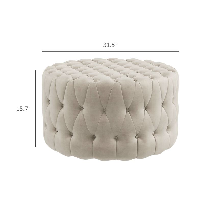 Beige Velvet-Feel Round Ottoman: Button Tufted, Padded Seat