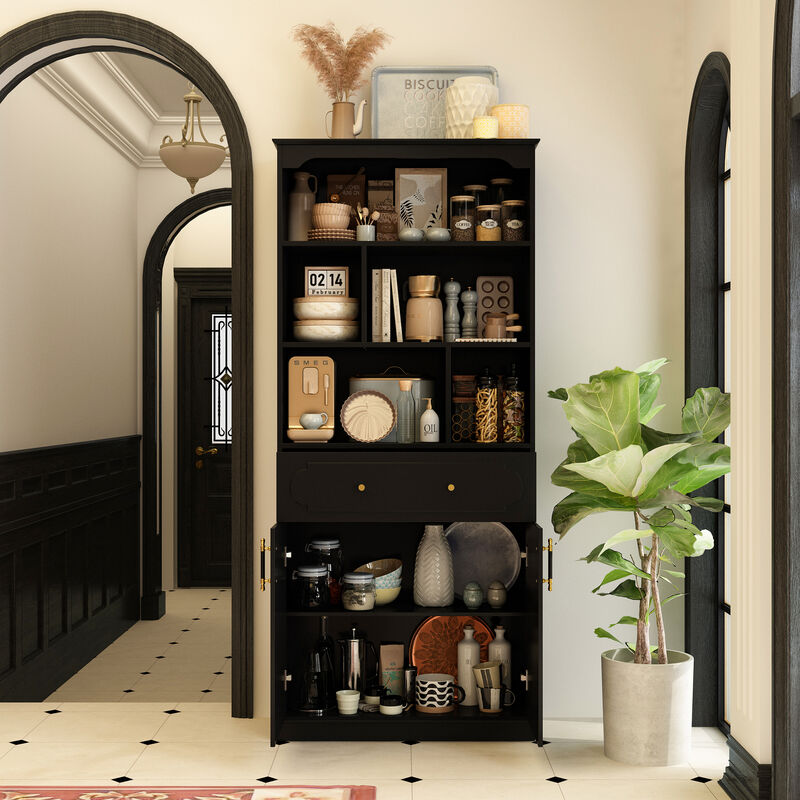 FUFU&GAGA Multi-Tier Storage Cabinet with One Drawer and Two Doors (31.5" W x 11.1" D x 71" H),Black