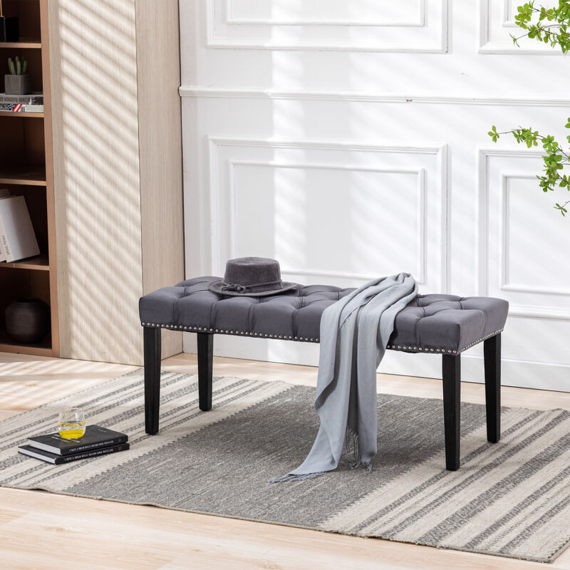 Velvet Tufted Ottoman Bench, Dark Gray