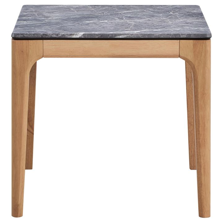 Aris Side End Table, 24 Inch Gray Faux Marble, Square Light Oak Wood - Benzara