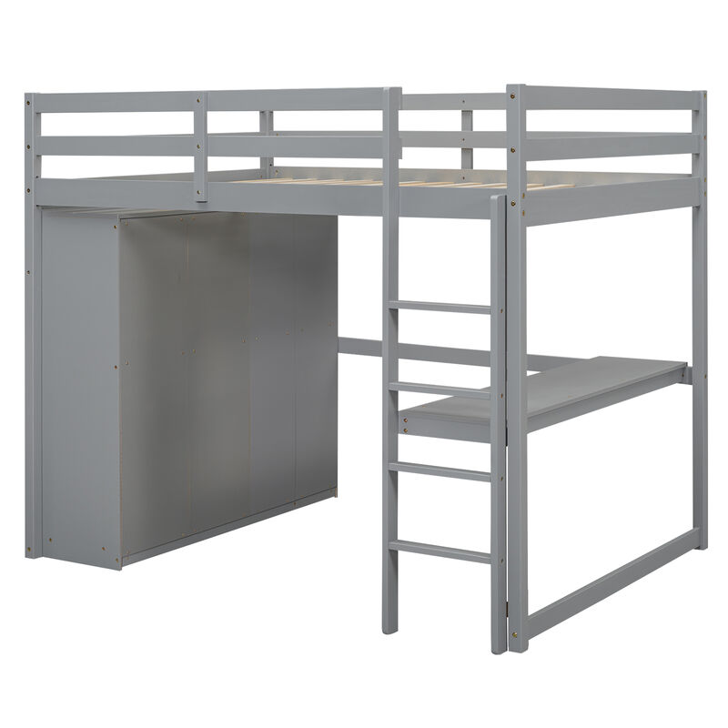 Merax Modern Loft Bed with Built-in Wardrobe and Desk
