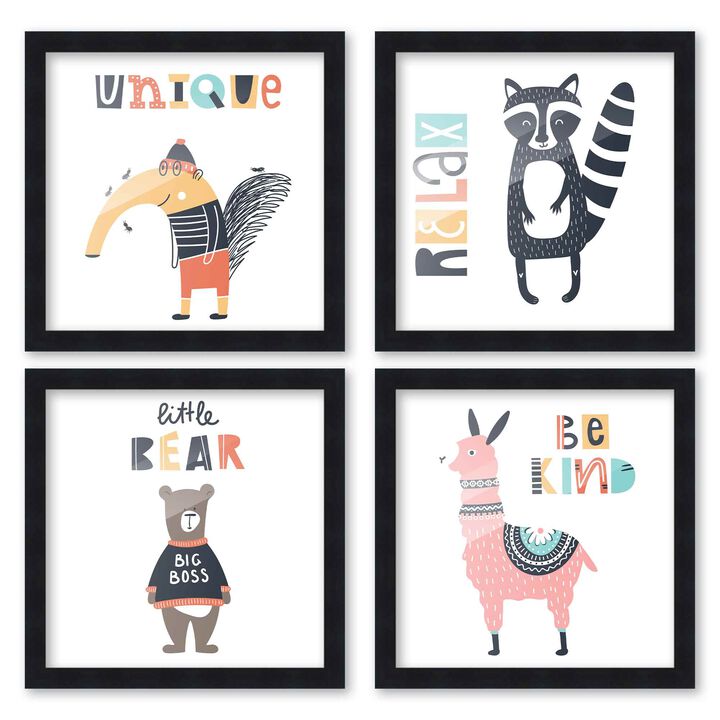 10x10 Framed Nursery Wall Art Set of 4 Be Kind Animal Prints in Black Wood Frames