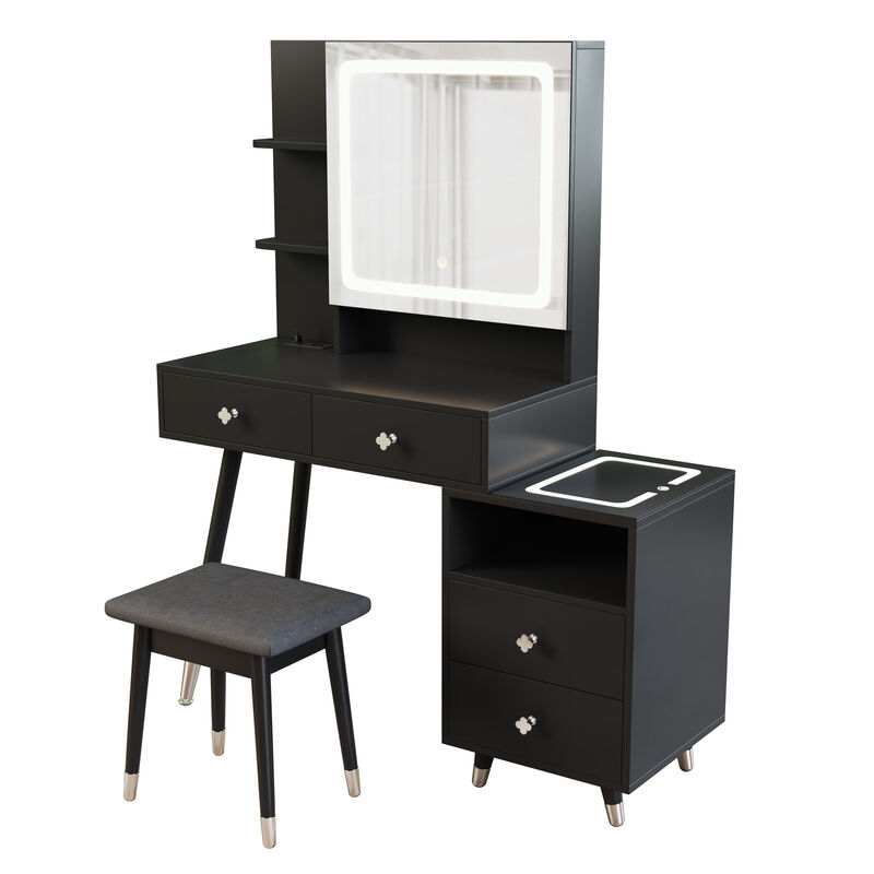 LED Lighted Mirror Cabinet with 4 Drawers & 2-Tier Shelf, Solid Wood Legs