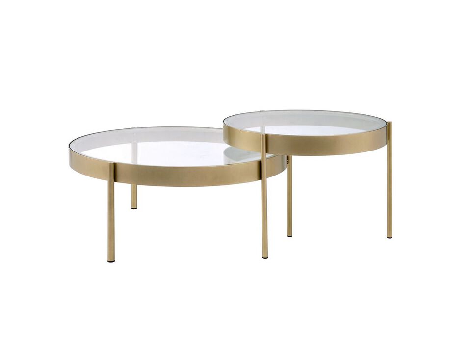 Contemporary Metal and Glass Round Nesting Table, Set of 2, Gold and Clear - Benzara