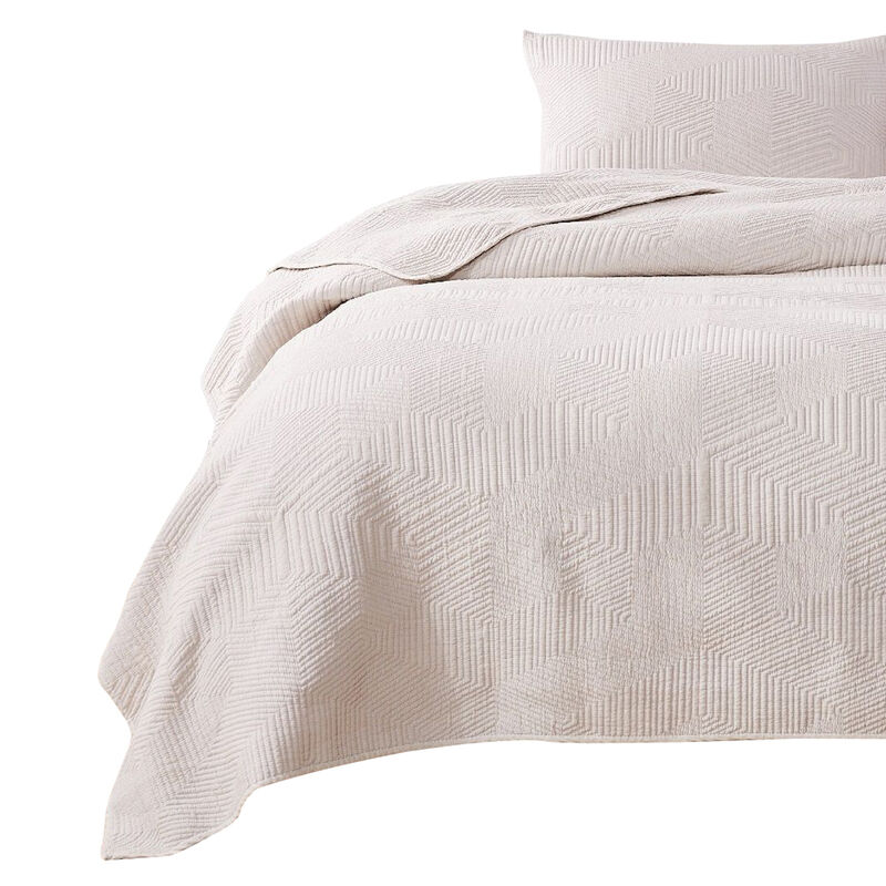 3 Piece Microfiber Full Size Quilt Set with Geometric Print, Cream - Benzara