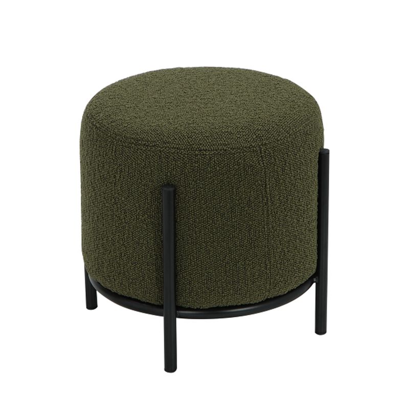 Aop 13 Inch Boucle Ottoman Stool, Round Cushioned Seat, Green Boucle, Black - Benzara