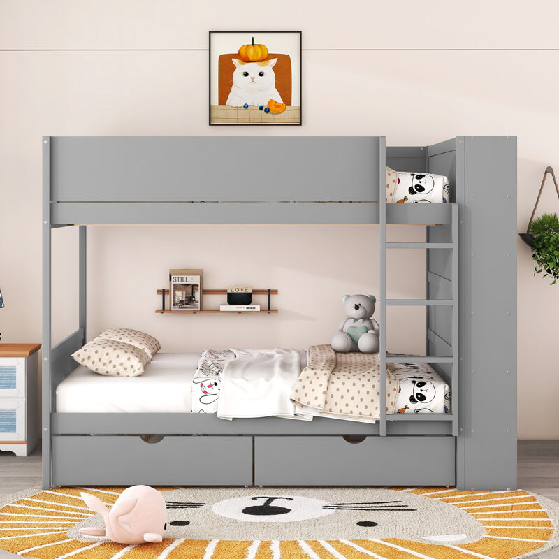 Full Over Full Bunk Bed With 2 Drawers And Multilayer Cabinet