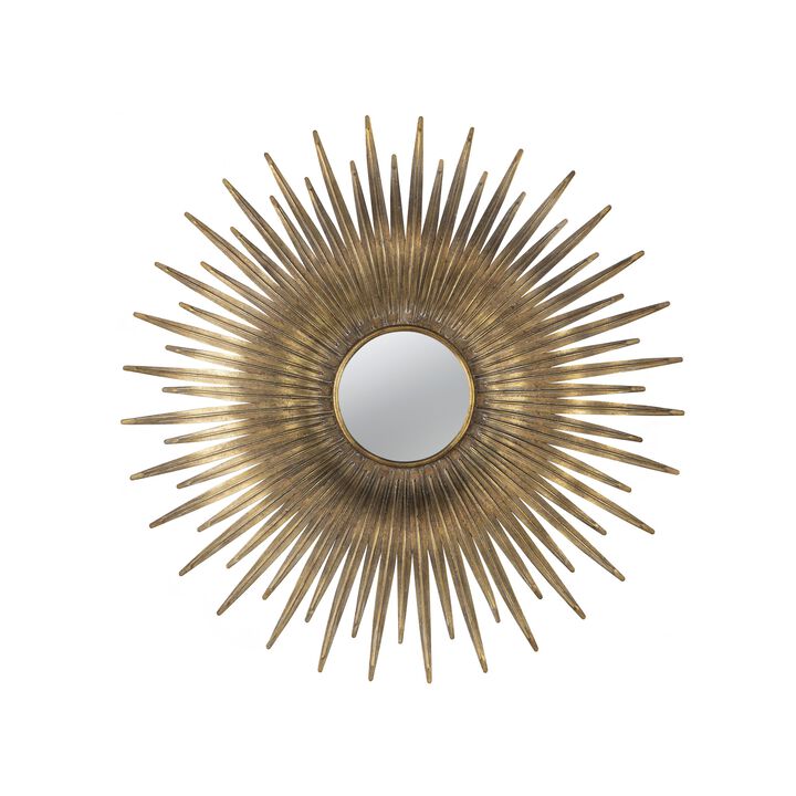 28 Inch Wall Mount Accent Mirror with Round Sunburst Iron Frame,  Gold-Benzara