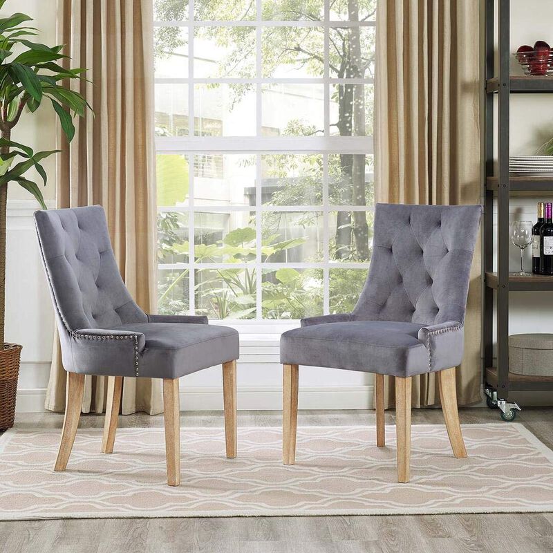 Modway Pose Tufted Performance Velvet Upholstered Two Dining Chairs with Nailhead Trim in Gray
