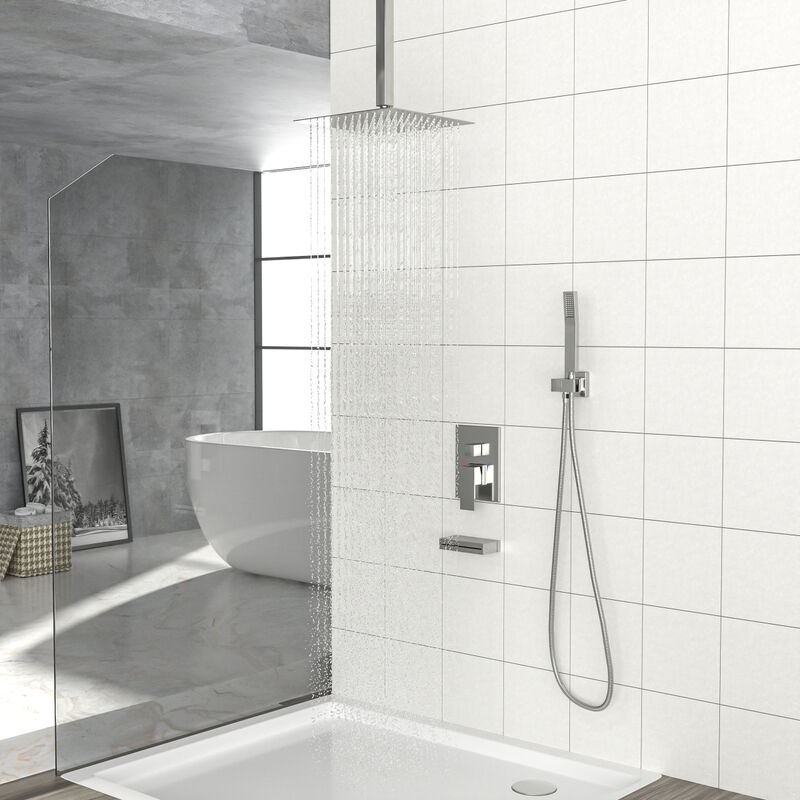 12" Rain Shower Head Systems With Waterfall Tub Spout, Brushed Nickel, Ceiling Mounted Shower