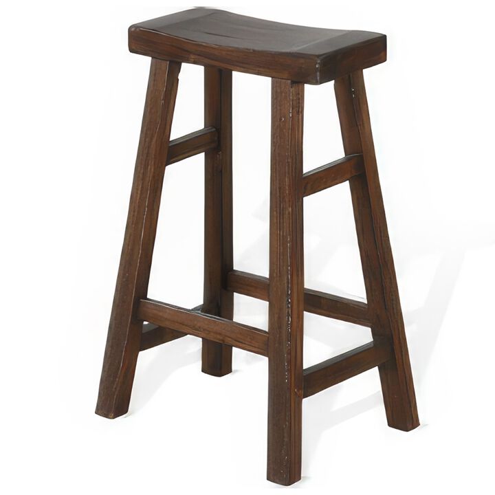 Odel Barstool Set of 2, Saddle Seat, Dark Brown Mahogany Wood, 30 Inch - Benzara