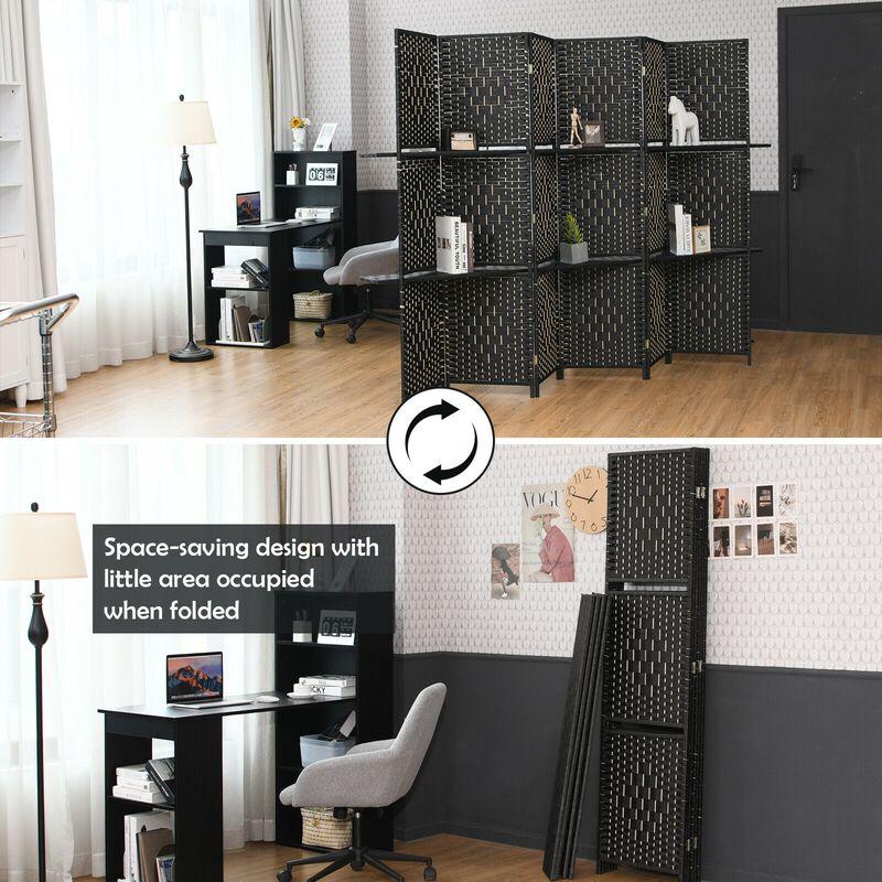 6 Panel Folding Weave Fiber Room Divider With 2 Display Shelves