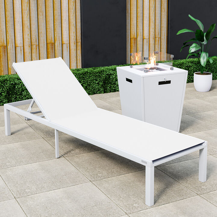 LeisureMod Marlin Modern Black Aluminum Outdoor Patio Chaise Lounge Chair in White Frame with Square Fire Pit Side Table