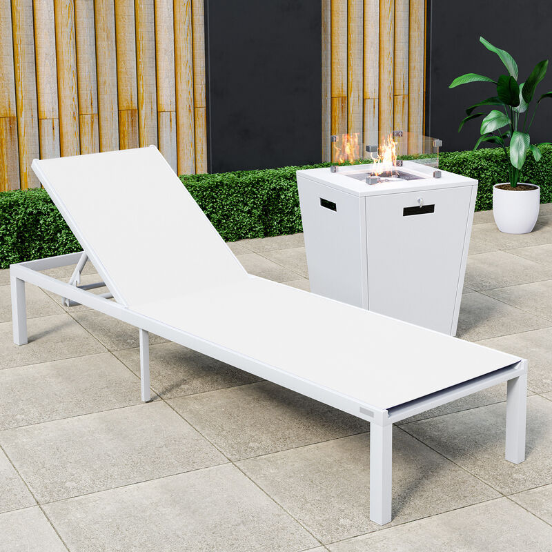 LeisureMod Marlin Modern Black Aluminum Outdoor Patio Chaise Lounge Chair in White Frame with Square Fire Pit Side Table