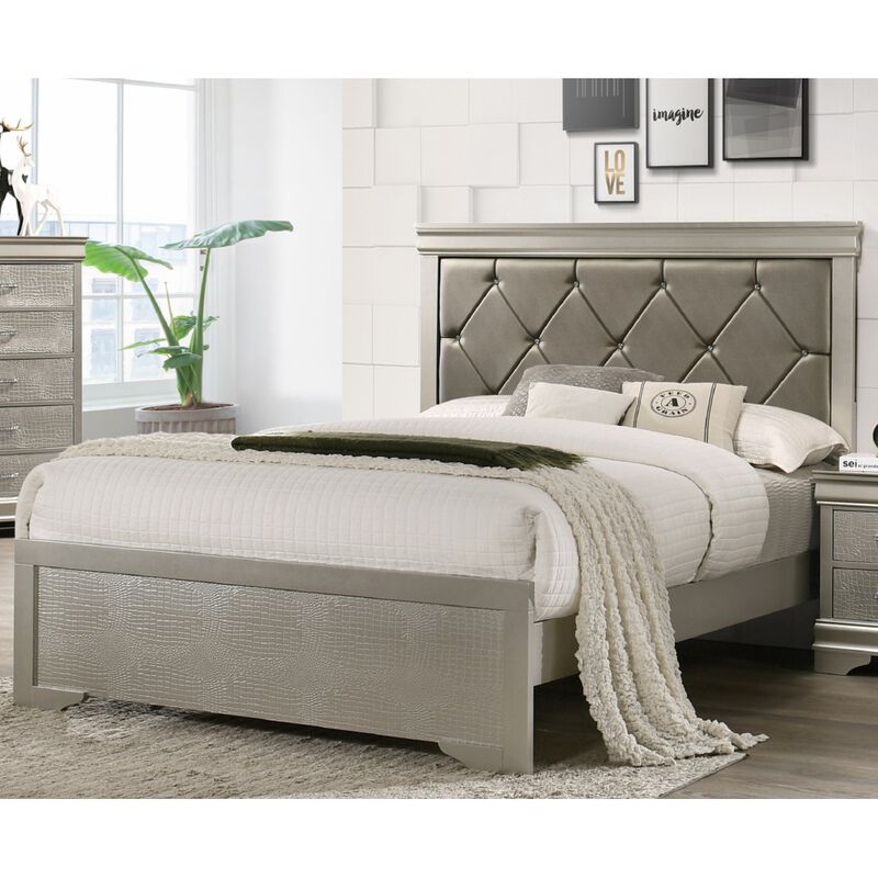 Beige Champagne Finish Queen Panel Bed with Crocodile Texture PU Headboard
