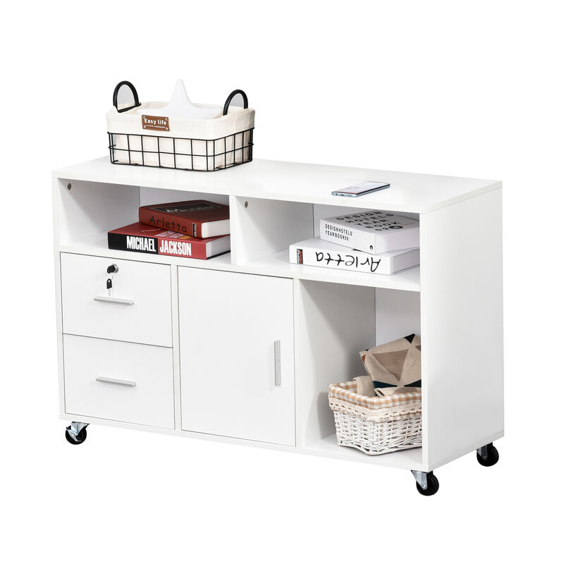 Wooden Media Rolling Storage Cabinet w/Shelves, Locking Drawer, Keys and Wheels