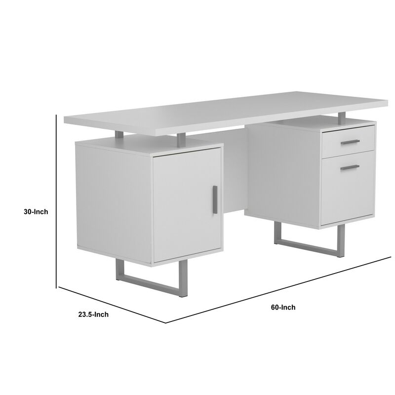 Wooden Office Desk with Floating Top and File Cabinet, White-Benzara