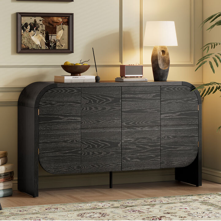 Clihome Buffet Cabinet with Storage, Wood Sideboard Cabinet with Curvy Edge, 4 Doors Retro Credenza Storage Cabinet with Adjustable Shelves for Living Room, Kitchen (Natural)