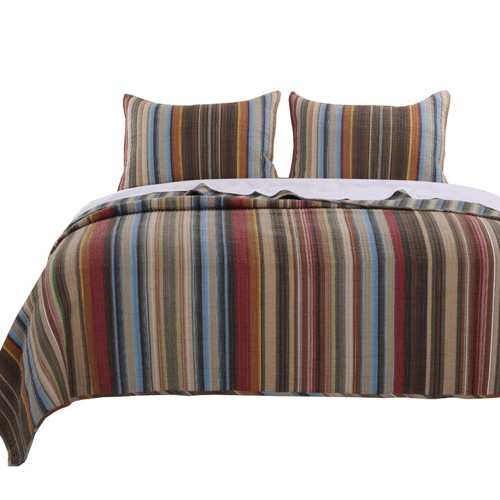 Phoenix Fabric 3 Piece Queen Size Quilt Set with Striped Prints, Multicolor - Benzara