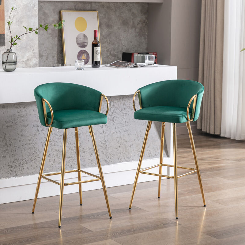 Set of 2 Green Velvet Bar Stools with Chrome Base