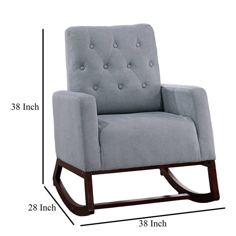 Clair Rocking Chair, Espresso Brown Solid Wood, Gray Button Tufted - Benzara