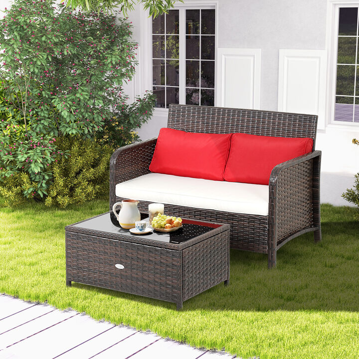 2 Pieces Wicker Loveseat Conversation Sets with Coffee Table