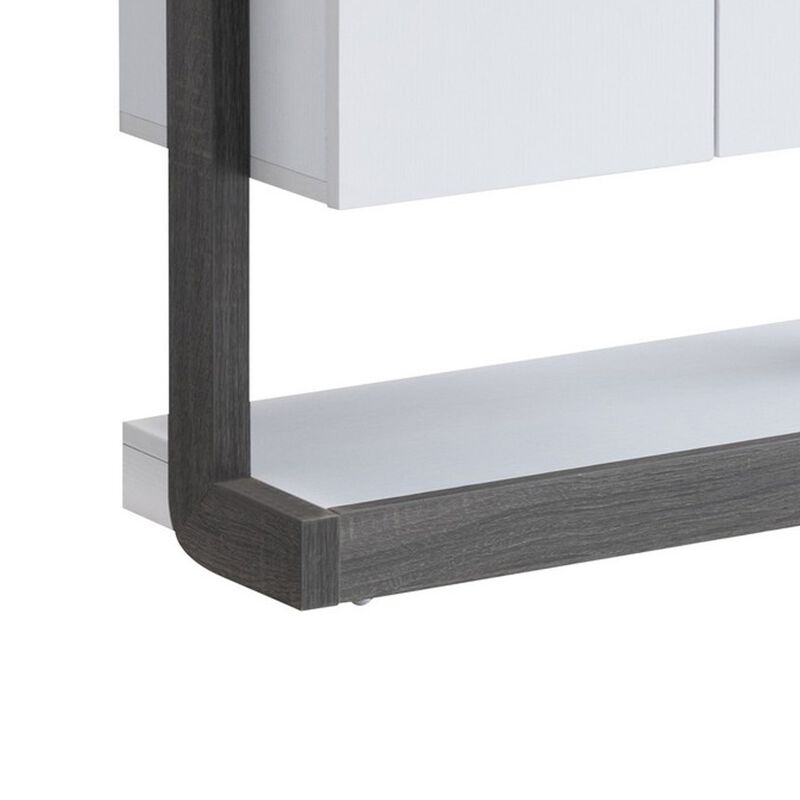 65 Inch Modern Display Cabinet, 4 Shelves, Drawer, Distressed Gray, White - Benzara