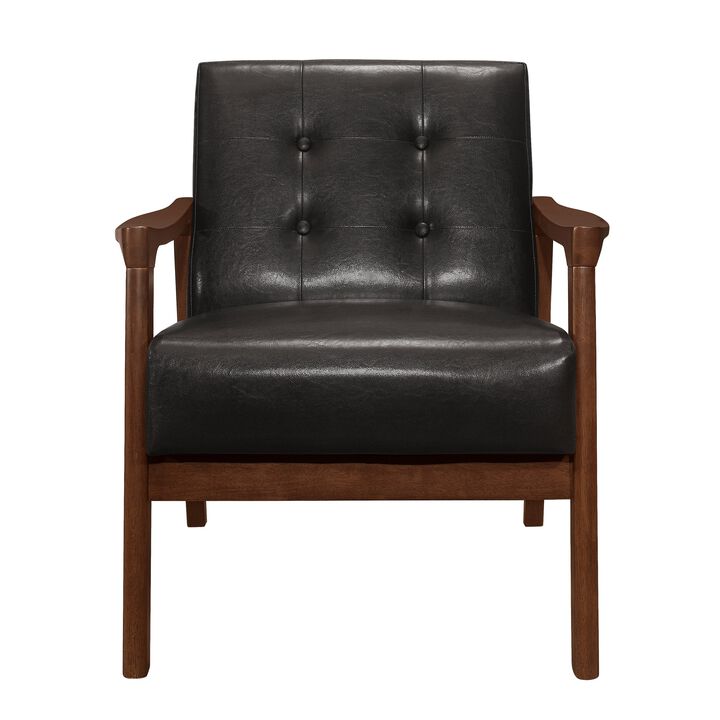 Aly 31 Inch Accent Chair Armchair, Dark Brown Faux Leather, Solid Wood - Benzara