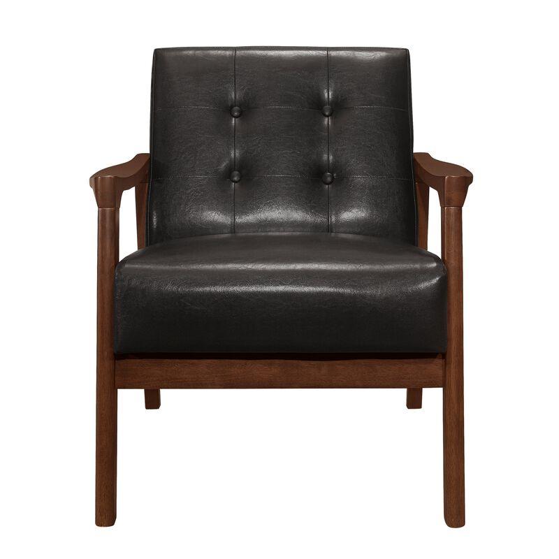 Aly 31 Inch Accent Chair Armchair, Dark Brown Faux Leather, Solid Wood - Benzara