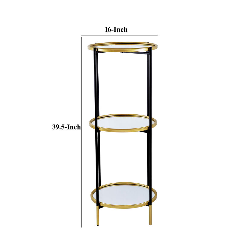 Ara 39 Inch Round 3 Tier Shelf, Metal, Mirrored Glass Shelves, Black, Gold-Benzara