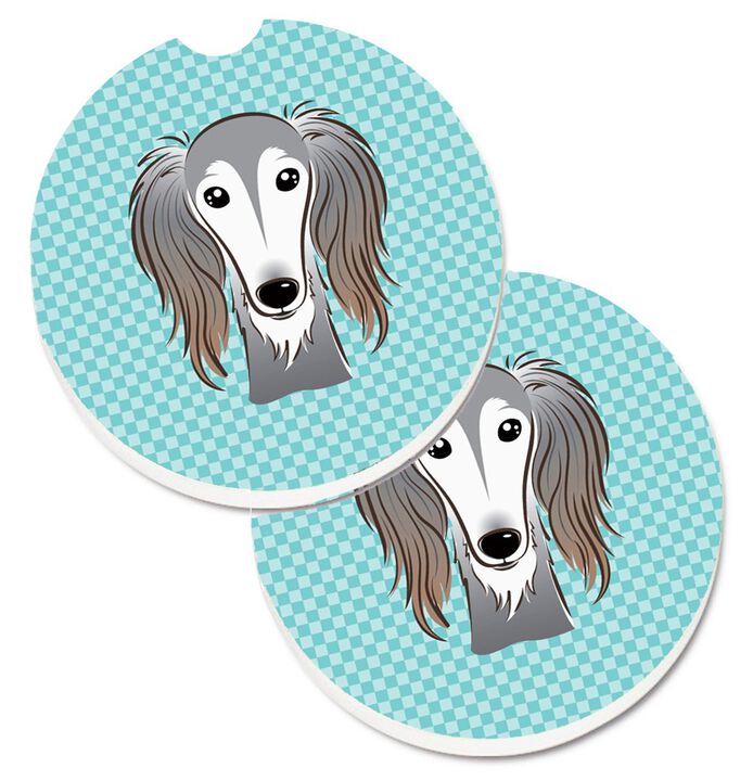 Caroline's Treasures Checkerboard Blue Saluki Set of 2 Cup Holder Car Coasters BB1167CARC, 2.56, Multicolor