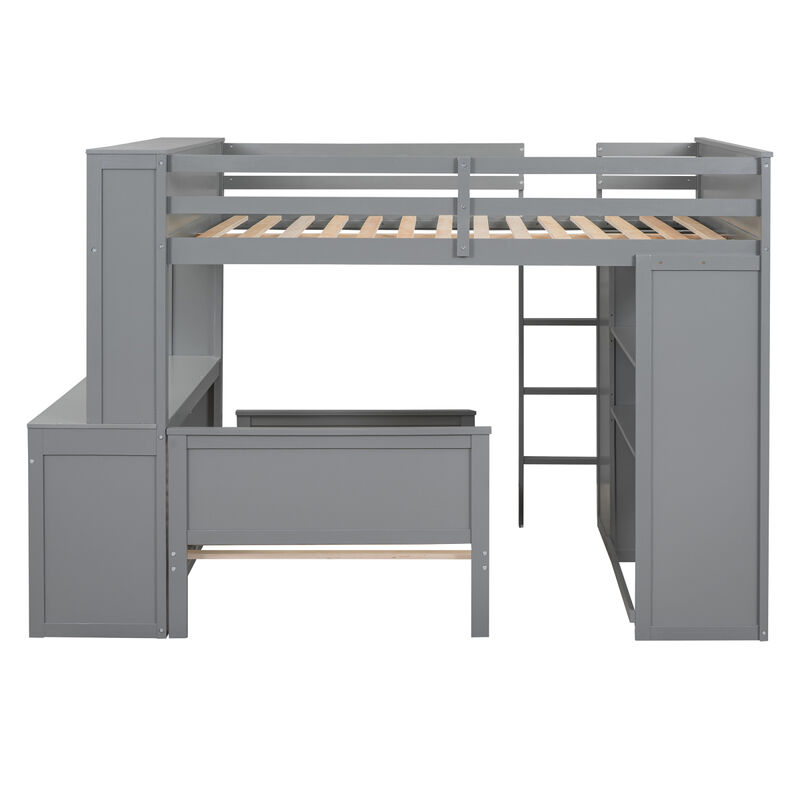 Full Size Loft Bed With A Twin Size Stand-Alone Bed, Shelves, Desk, And Wardrobe