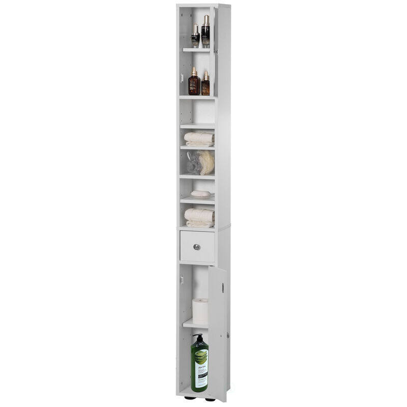 72 Inches Narrow, Tall and Space Saving Multi-Purpose Freestanding White Linen Tower - Ideal as Bathroom Organizer, Toilet Paper Cabinet and Kitchen Cabinet