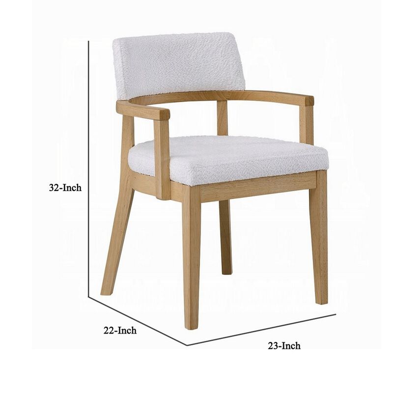 Semi Dining Armchair Set of 2, Curved Cutout Back, White Fabric, Brown - Benzara