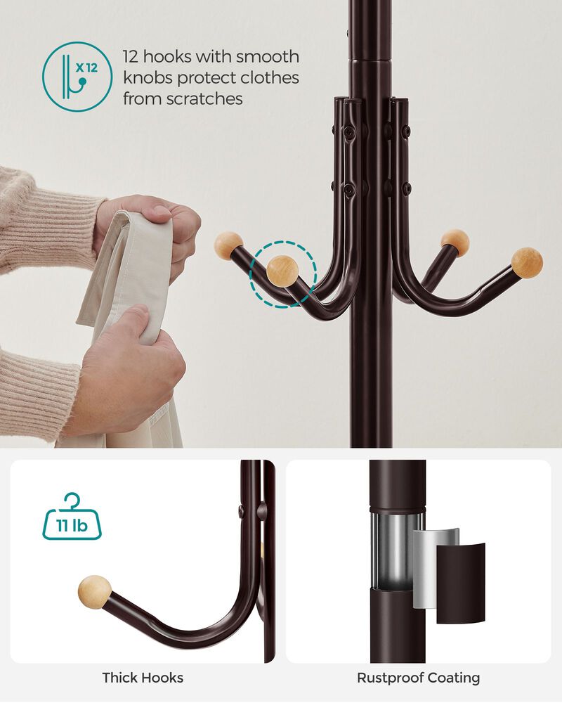 Freestanding Coat Rack with 12 Hooks and 4 Legs